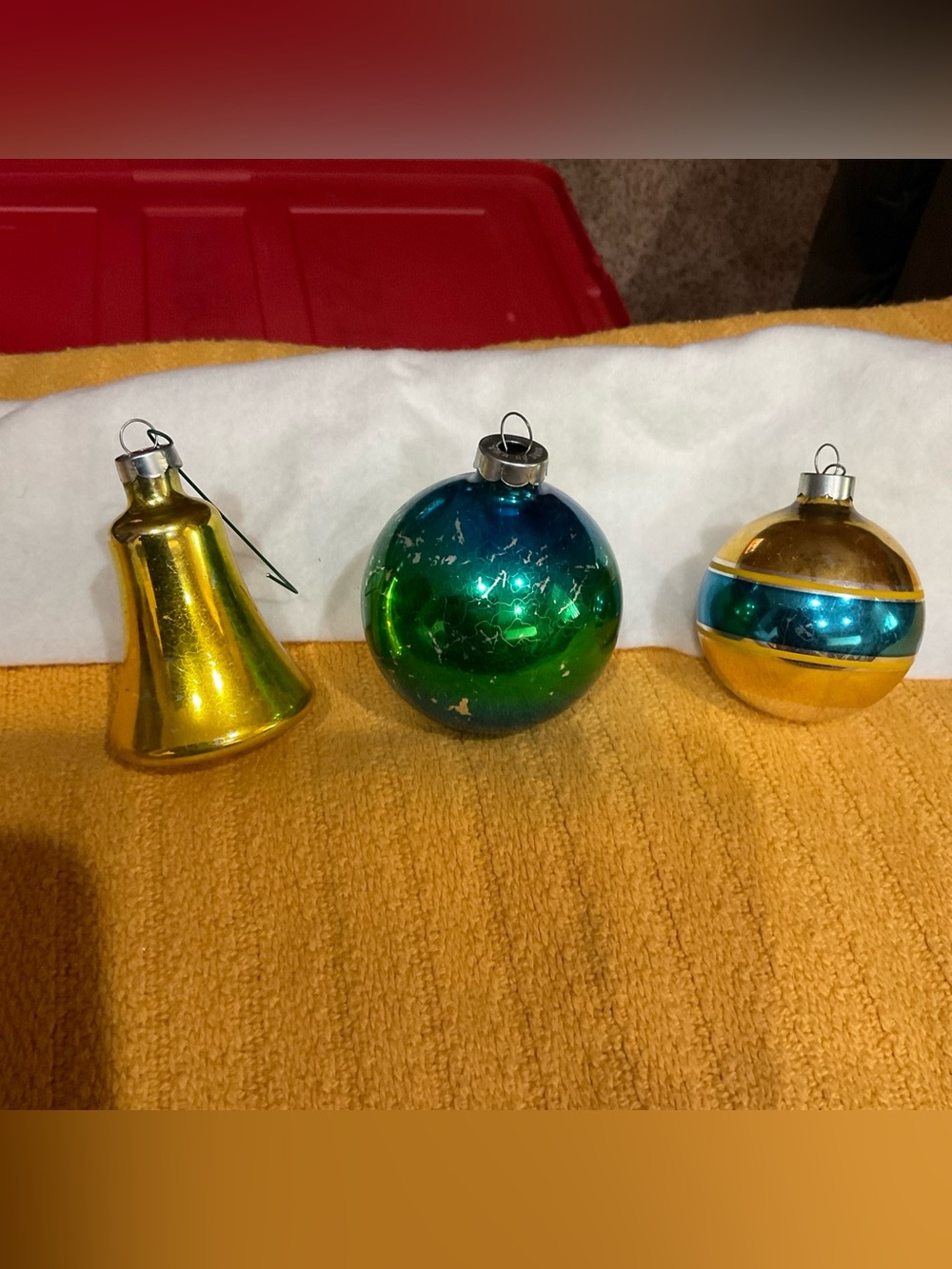 Vintage Christmas Ornaments Mercury Glass Balls & Bell lot of 3 USA